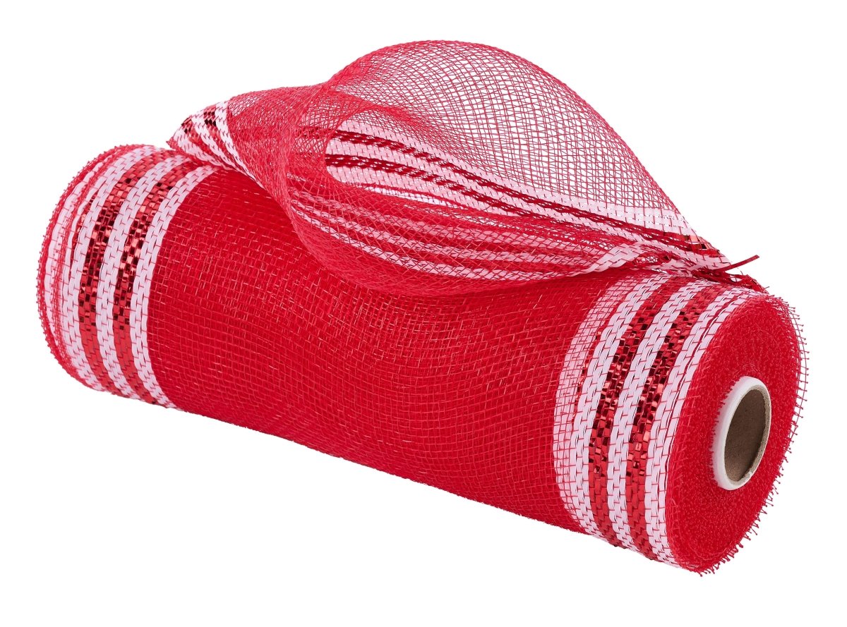10.5" Border Stripe Metallic Mesh Ribbon: Red/White (10 Yards)