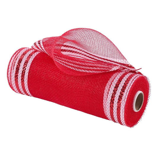 10.5" Border Stripe Metallic Mesh Ribbon: Red/White (10 Yards)