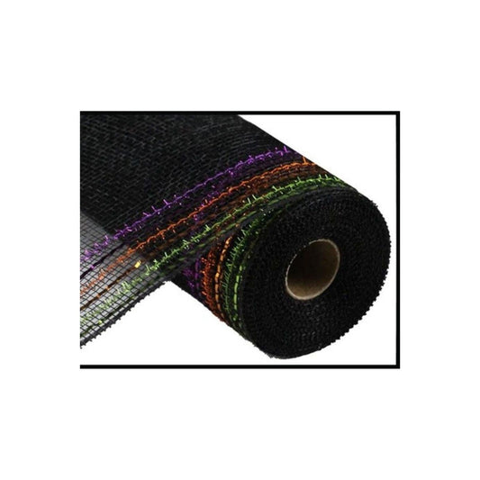 10.5" Border Stripe Tinsel Mesh Ribbon: Orange/Purple/Lime (10 Yards)
