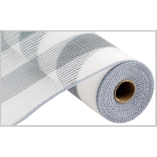 10.5" Faux Jute Wide Stripe Mesh Ribbon: White & Grey (10 Yards)