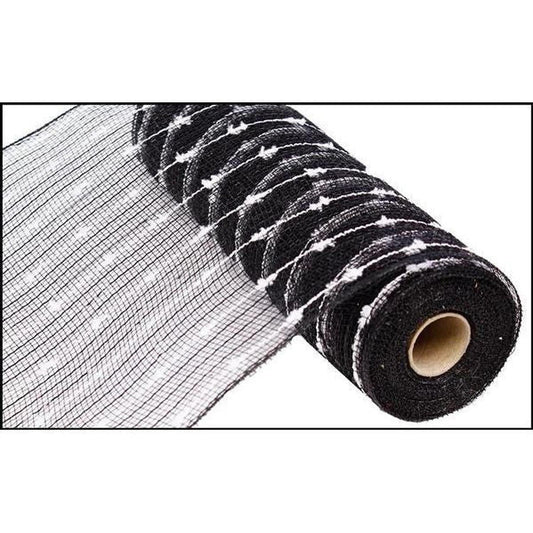10.5" Metallic Cotton Ball Mesh Ribbon: Black/White (10 Yards)