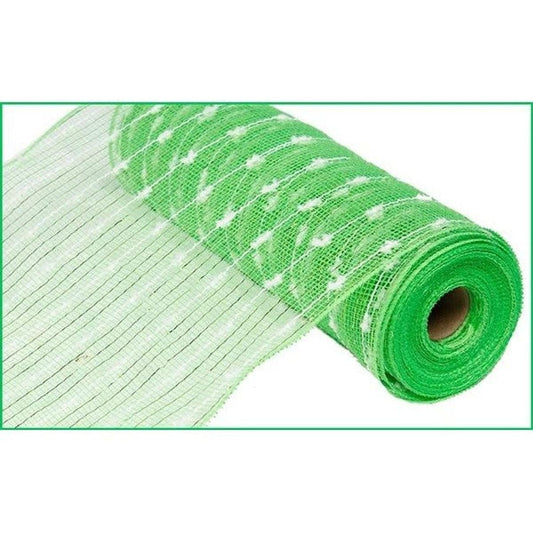 10.5" Metallic Cotton Ball Mesh Ribbon: Lime Green/White (10 Yards)