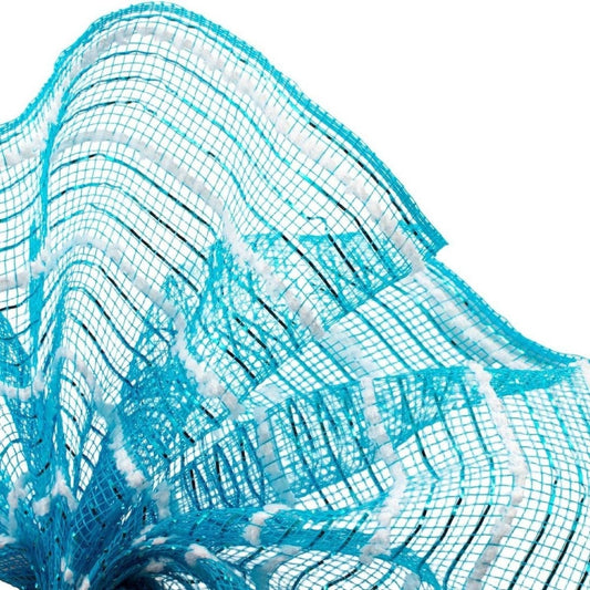 10.5" Metallic Cotton Drift Mesh Ribbon: Turquoise/White (10 Yards)