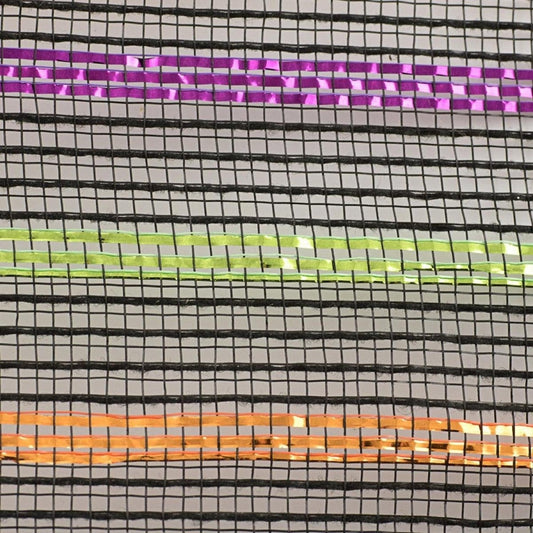 10.5" Metallic Poly Faux Jute Mesh Ribbon: Black/Orange/Purple/Lime (10 Yards)