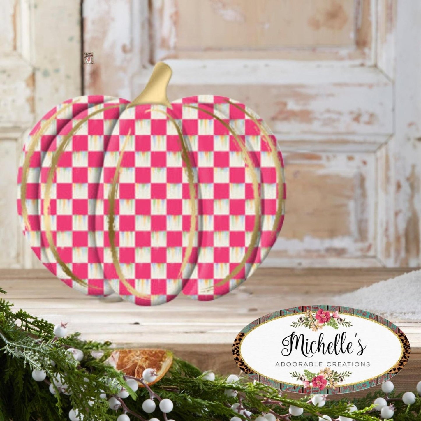 12" Metal Embossed Hanger: Hot Pink Check