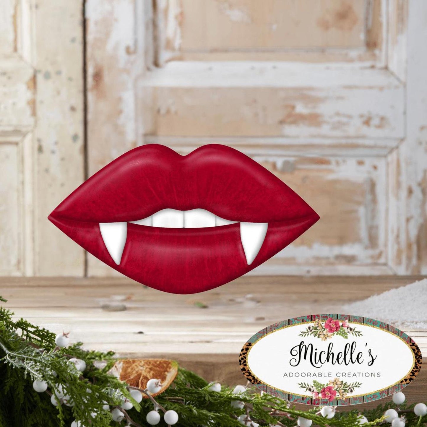 12" Metal Embossed Hanger: Vampire Lips Red