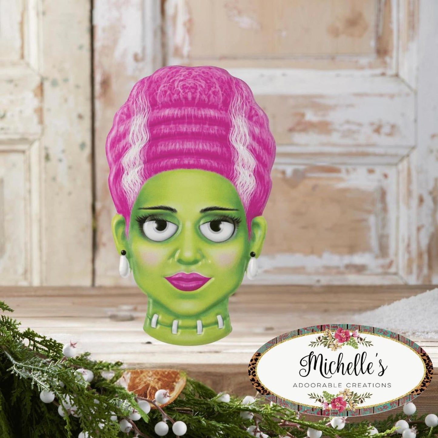 12" Metal Embossed Sign: Mrs. Frankenstein (Pink)
