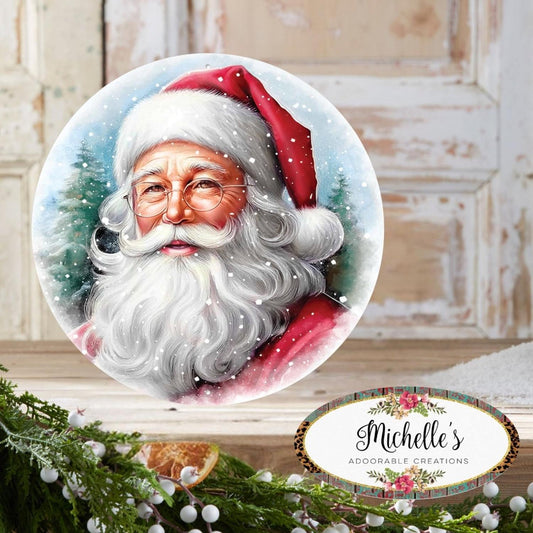 12" Metal Round Sign: Santa Portrait