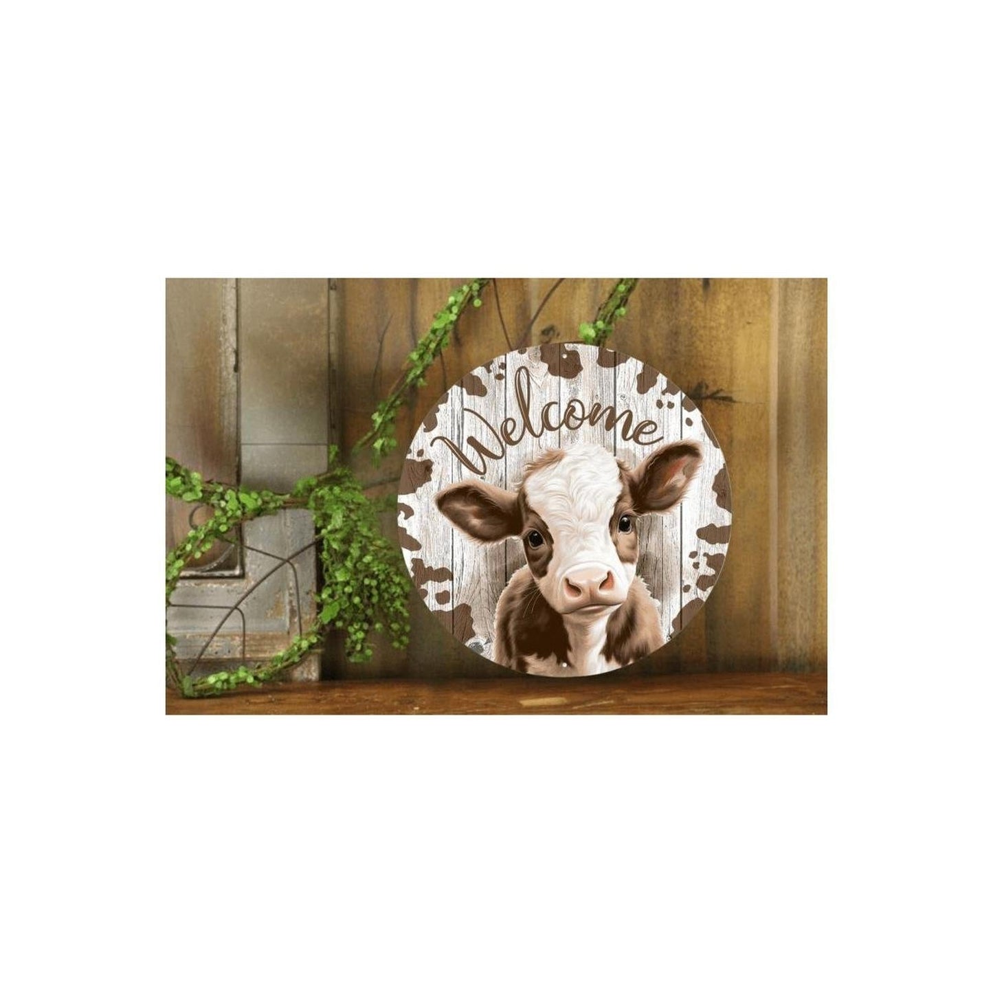 12" Metal Round Sign: Welcome Brown Calf
