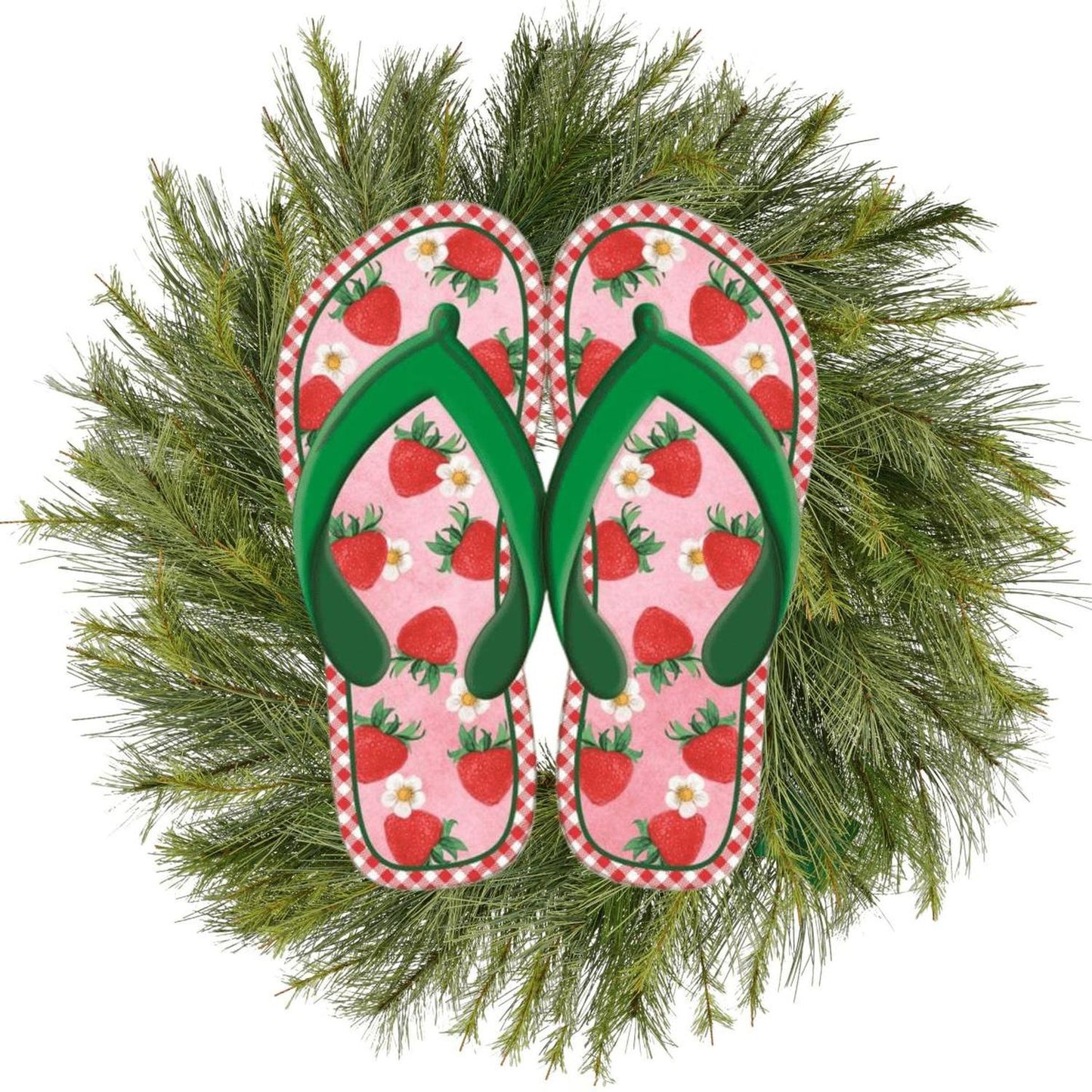 13" Metal Embossed Flip Flops: Strawberry Gingham