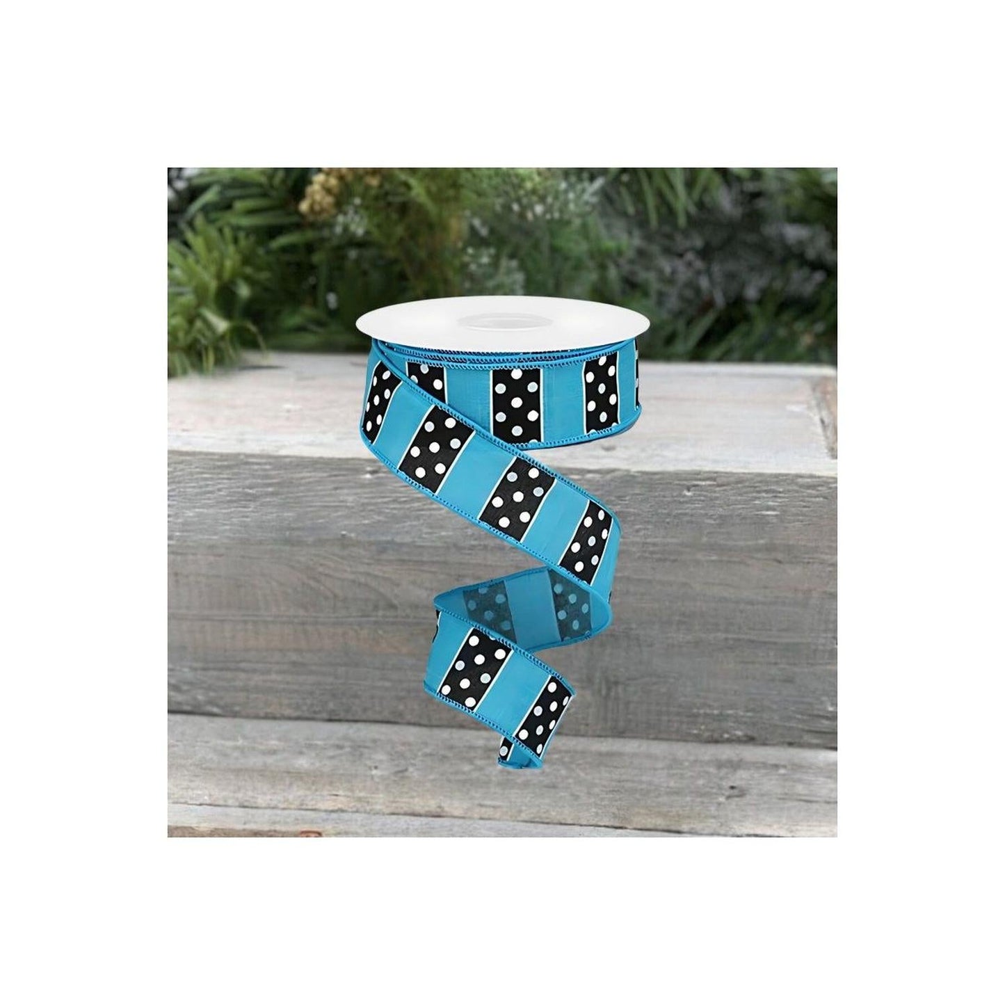 1.5" B & W Polka Dot Stripes Ribbon: Turquoise (10 Yards)