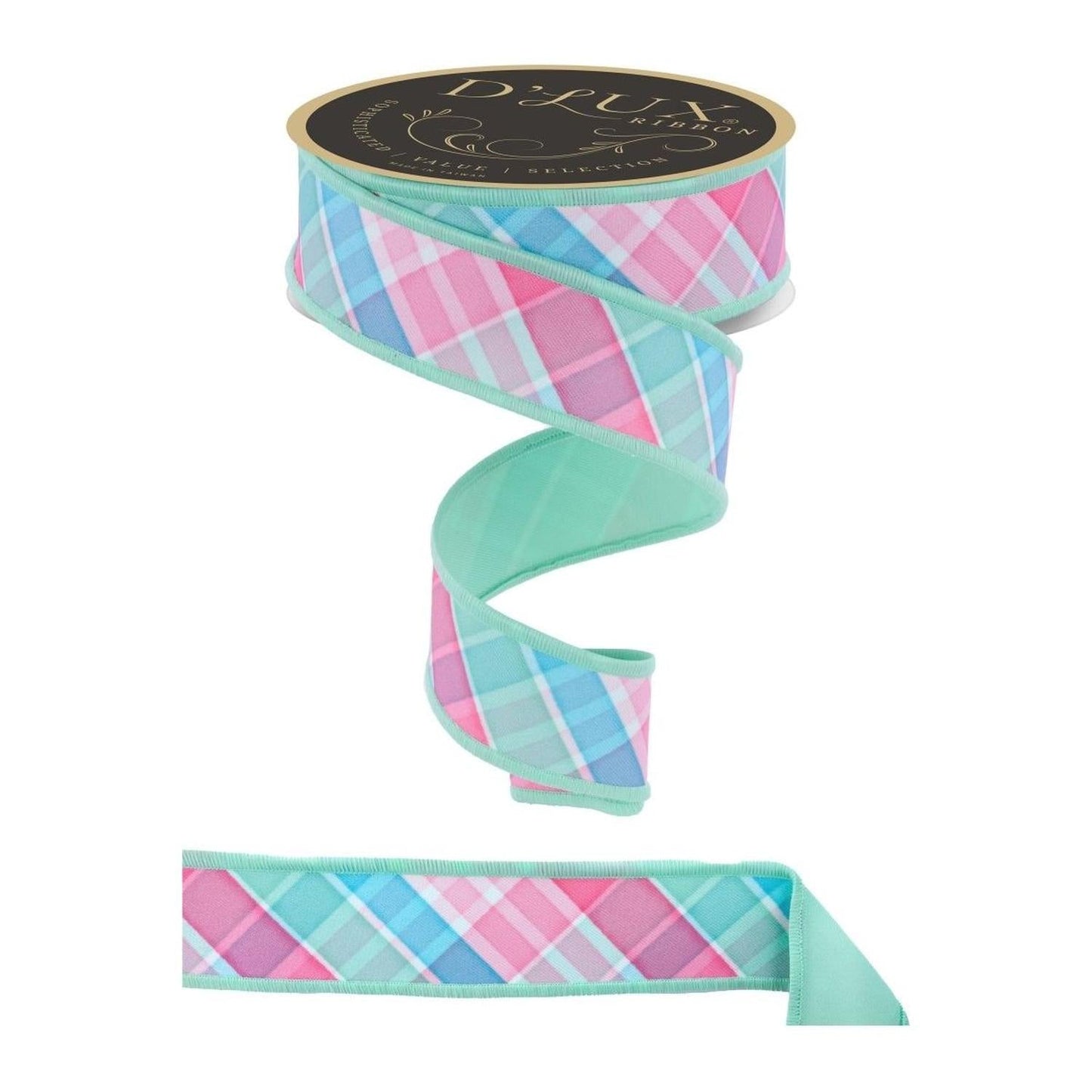 1.5" Bold Plaid Fused Ribbon: Light Teal (10 Yards)