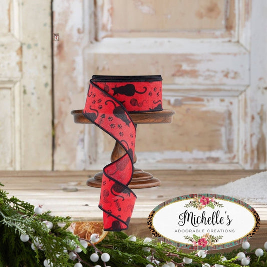 1.5" Cat Silhouettes Ribbon: Red & Black (10 Yards)