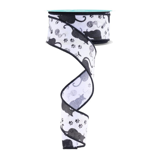 1.5" Cat Silhouettes Ribbon: White & Black (10 Yards)