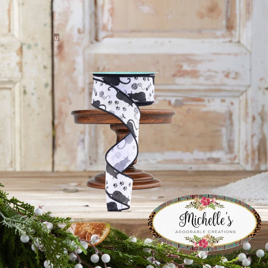 1.5" Cat Silhouettes Ribbon: White & Black (10 Yards)
