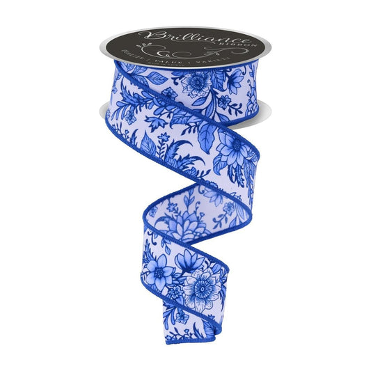 1.5" Chinoiserie Floral Ribbon: Blue (10 Yards)