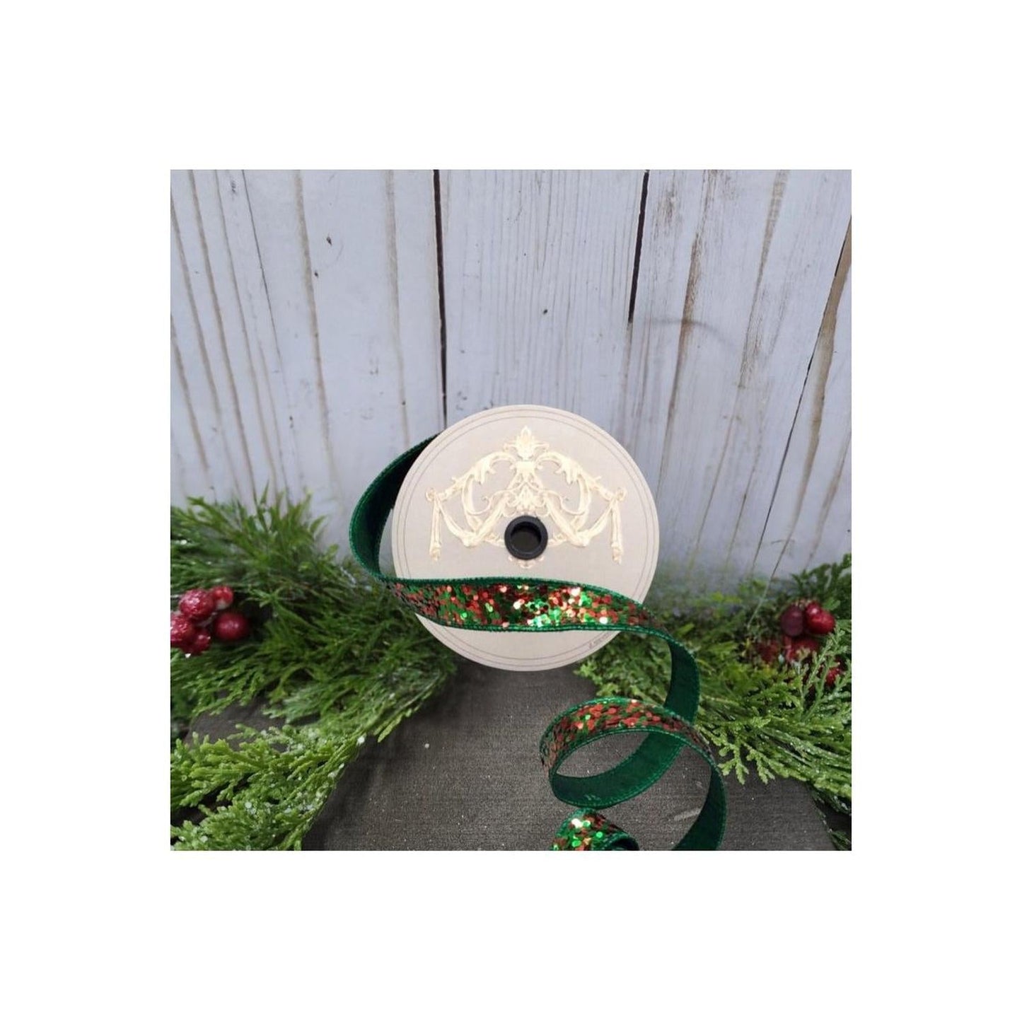 1" Cirque Glitter Ribbon: Emerald Green/Red (10 Yards)