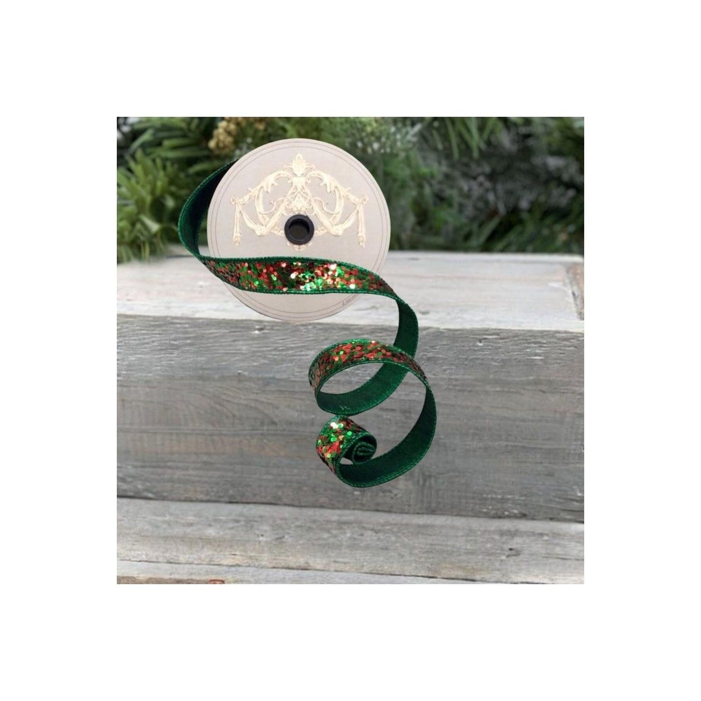 1" Cirque Glitter Ribbon: Emerald Green/Red (10 Yards)