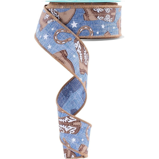 1.5" Cowboy Boots Ribbon: Blue (10 Yards)