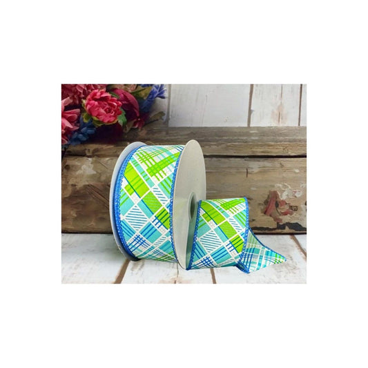 1.5" Diagonal Printed Plaid Ribbon: Aqua (10 Yards)