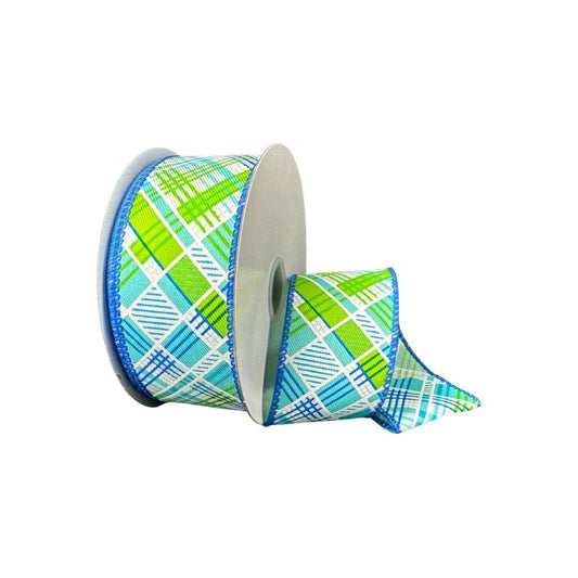 1.5" Diagonal Printed Plaid Ribbon: Aqua (10 Yards)