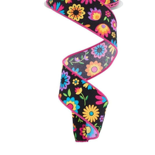 1.5" Fiesta Florals Ribbon: Black (10 Yards)