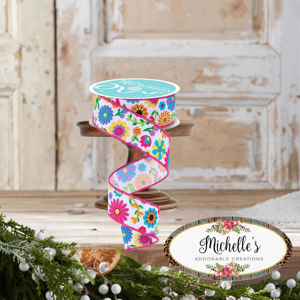 1.5" Fiesta Florals Ribbon: White (10 Yards)