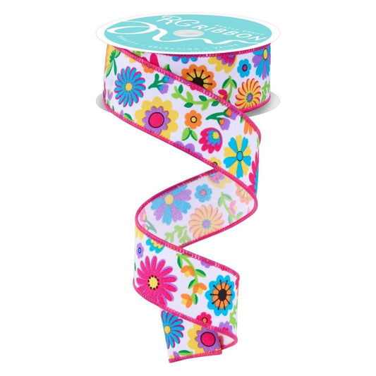 1.5" Fiesta Florals Ribbon: White (10 Yards)