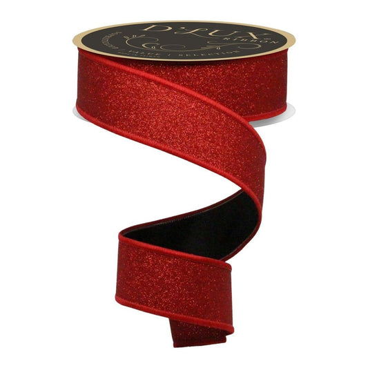 1.5" Fine Glitter Fused Back Ribbon: Red/Black (10 Yards)