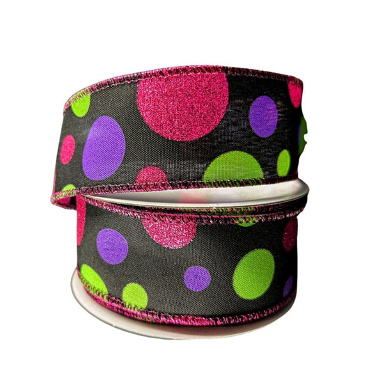 1.5" Glitter Dots Black Ribbon: Fuchsia, Lime Green Purple (10 Yards)
