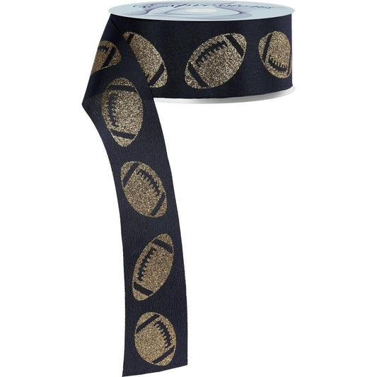 1.5" Glitter Football Ribbon: Black/Gold (100 Feet)