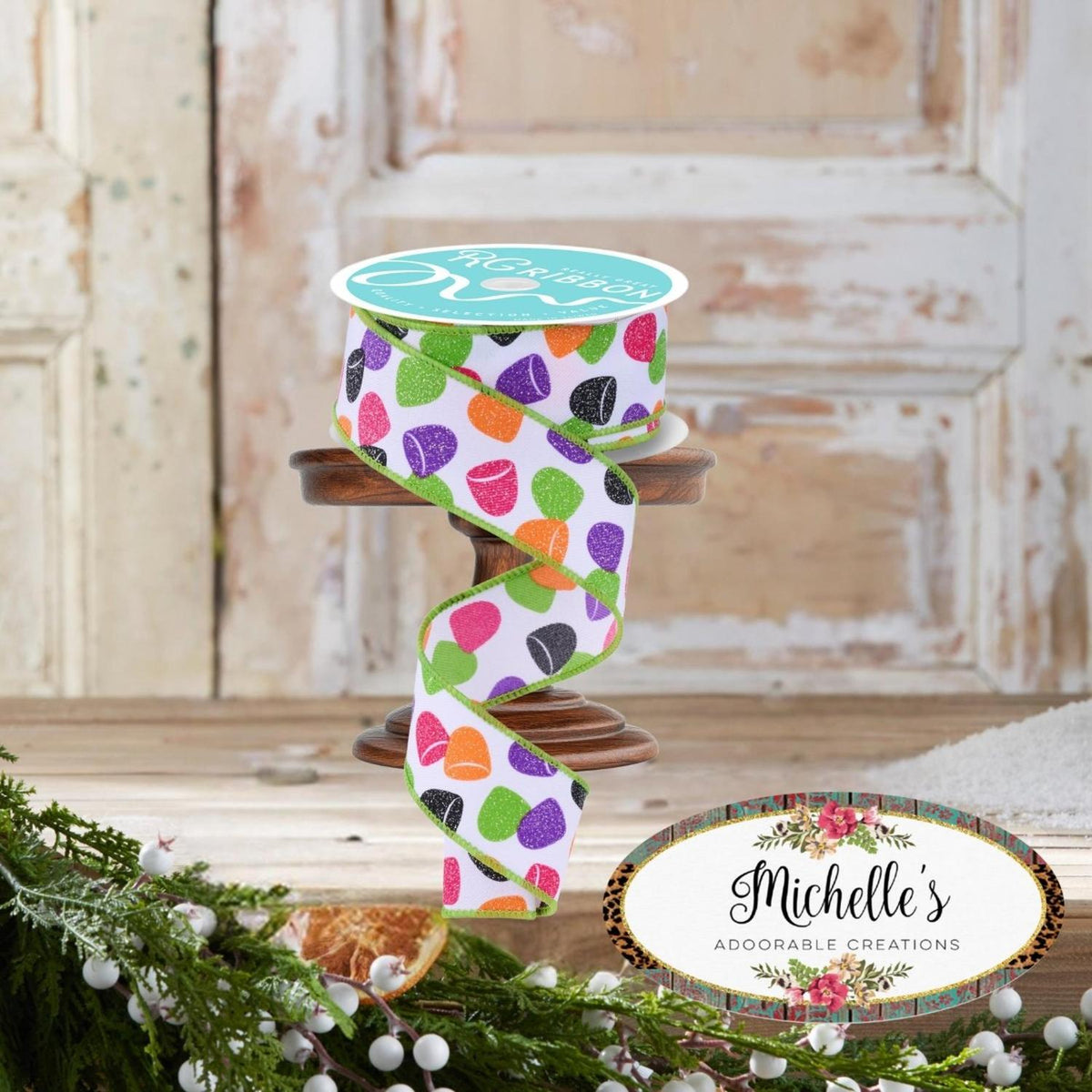 1.5" Glitter Gumdrop Ribbon: Pink/Lime (10 Yards)