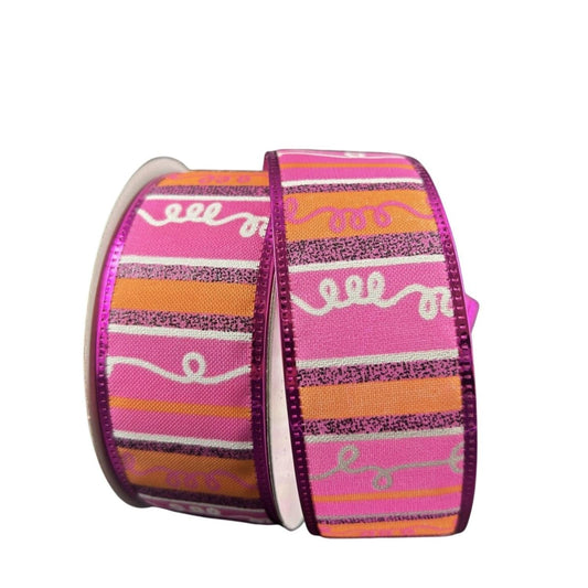 1.5" Glitter Loopy Stripes Ribbon: Fuchsia, Orange, Black (10 Yards)