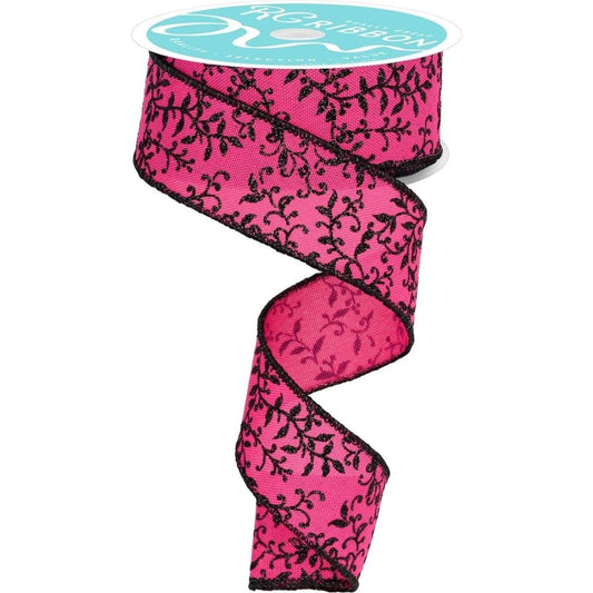 1.5" Glitter Mini Leaf Vines Ribbon: Pink/Black (10 Yards)