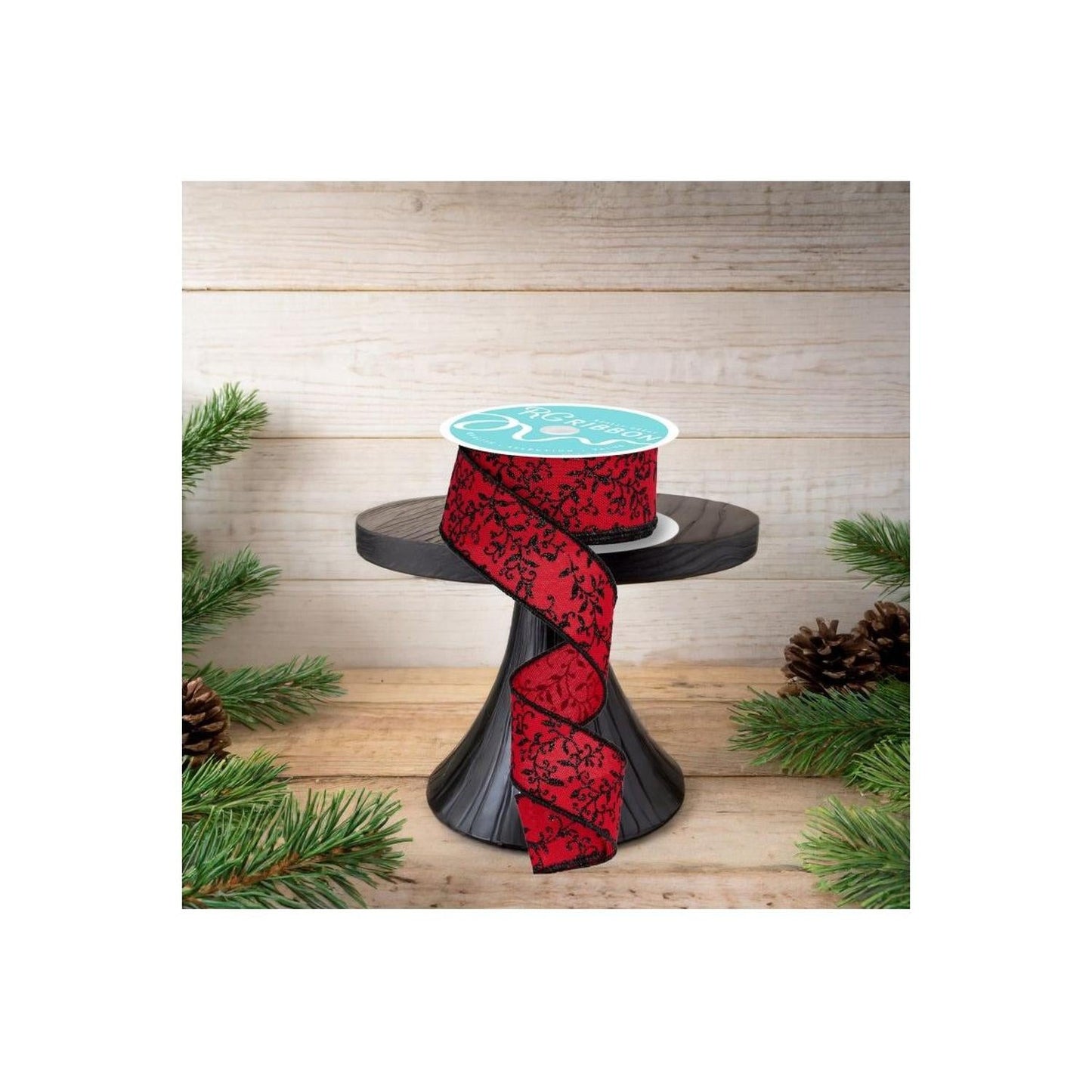 1.5" Glitter Mini Leaf Vines Ribbon: Red/Black (10 Yards)