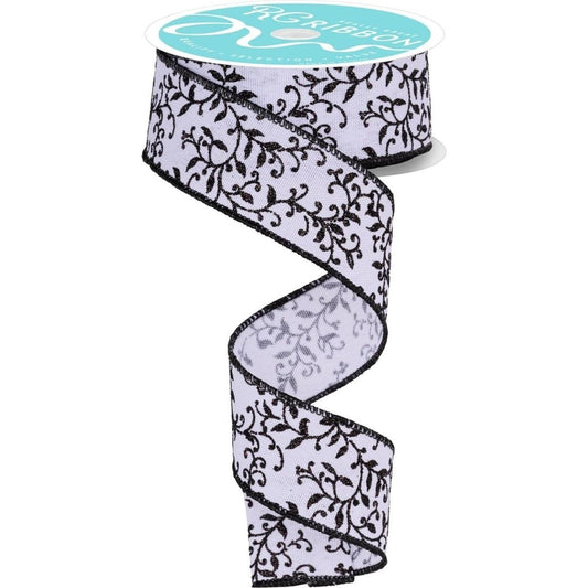 1.5" Glitter Mini Leaf Vines Ribbon: White/Black (10 Yards)