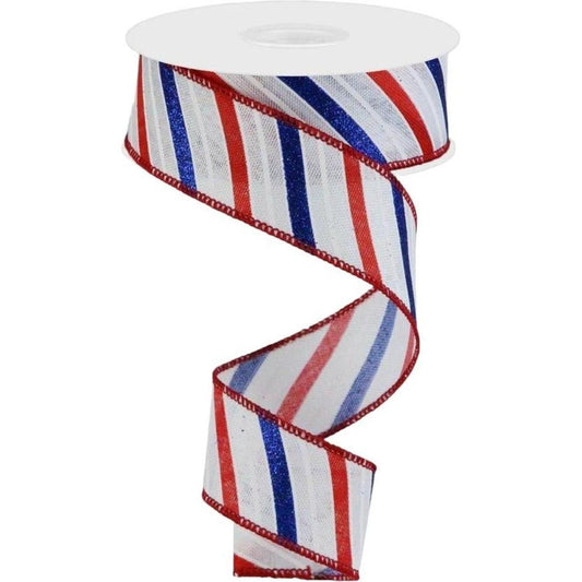 1.5" Glitter Multi Diagonal Stripe Ribbon: White (10 Yards)