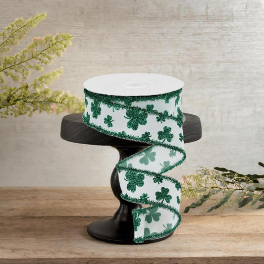 1.5" Glitter Shamrock Tinsel Ribbon: White (10 Yards)