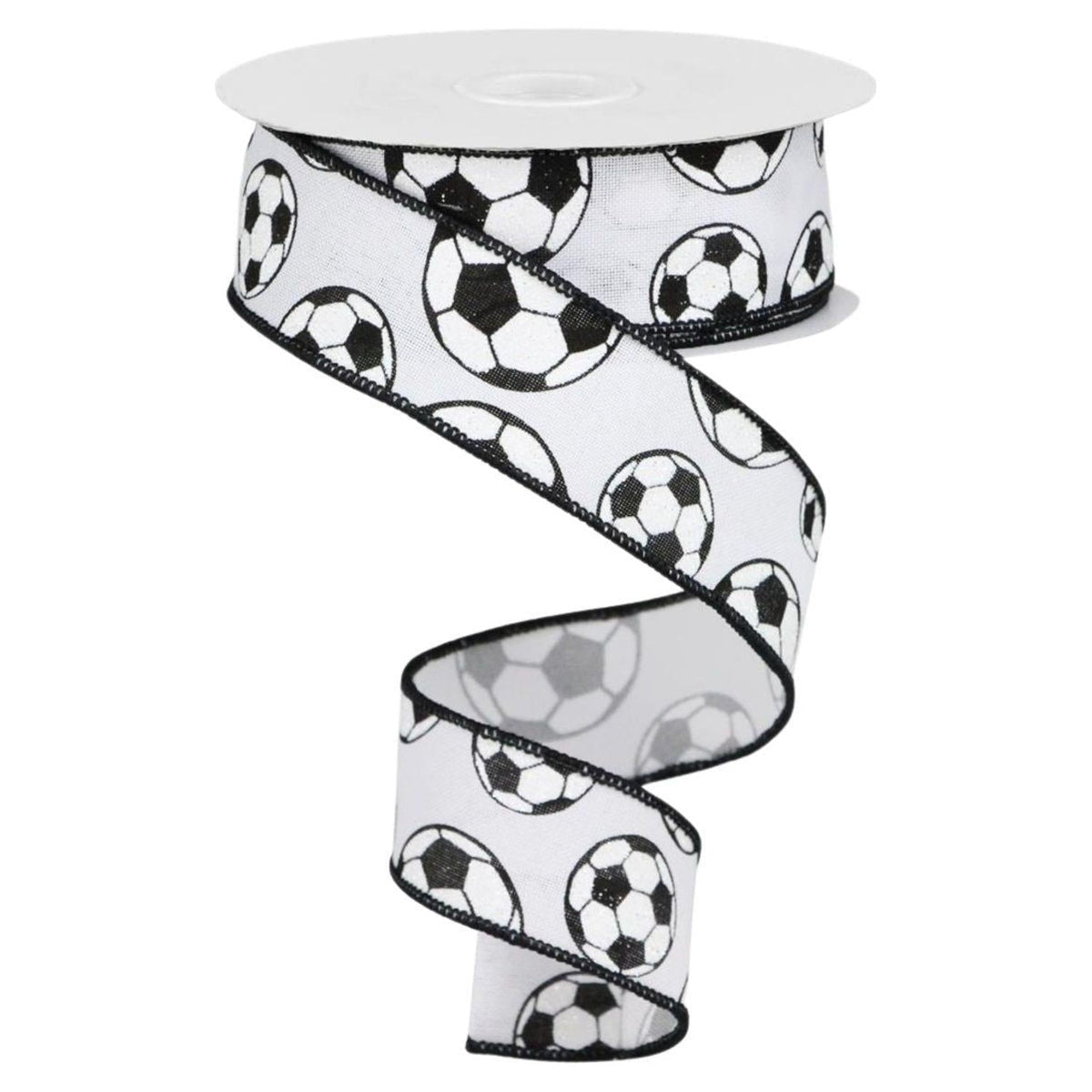 1.5" Glitter Soccer Ball Ribbon: White (10 Yards)