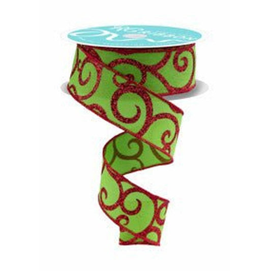 1.5" Glitter Swirl Ribbon: Green/Red (10 Yards)