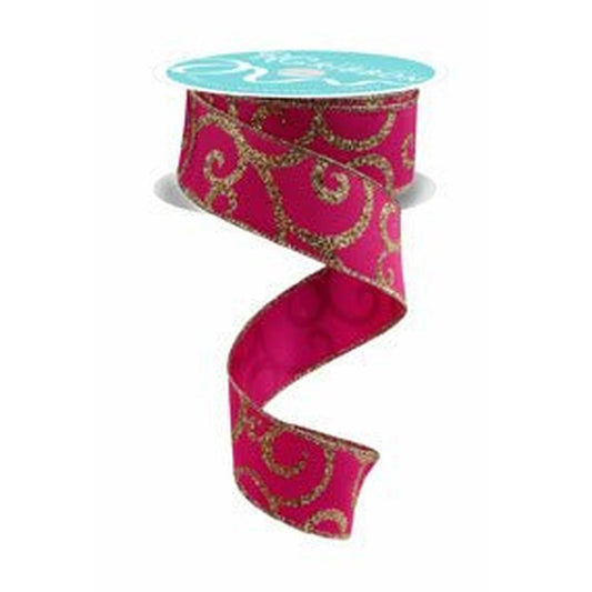 1.5" Glitter Swirl Ribbon: Hot Pink/Gold (10 Yards)