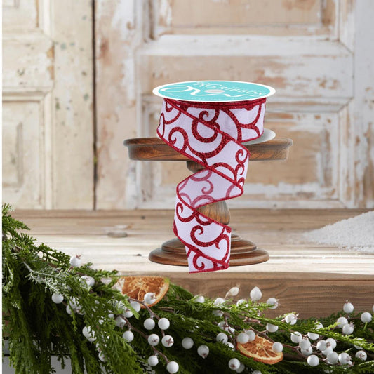1.5" Glitter Swirl Ribbon: White/Red (10 Yards)