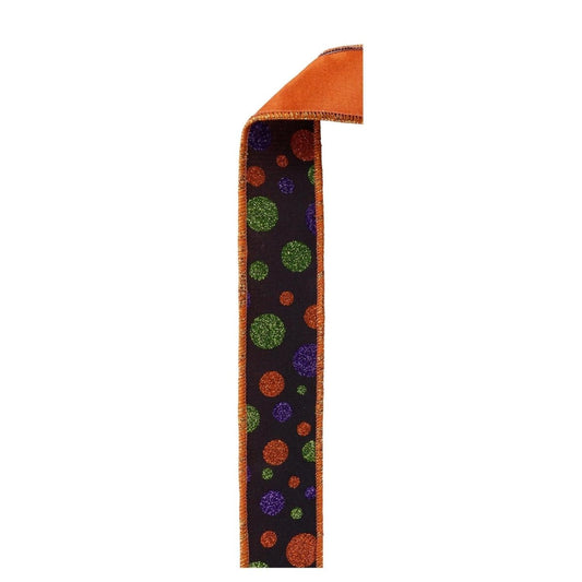 1.5 in Glitter Polka Dot Fused Ribbon: Black/Orange/Purple (10 Yards)