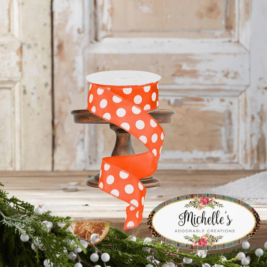 1.5" Large Polka Dot Ribbon: Orange/White (10 Yards)
