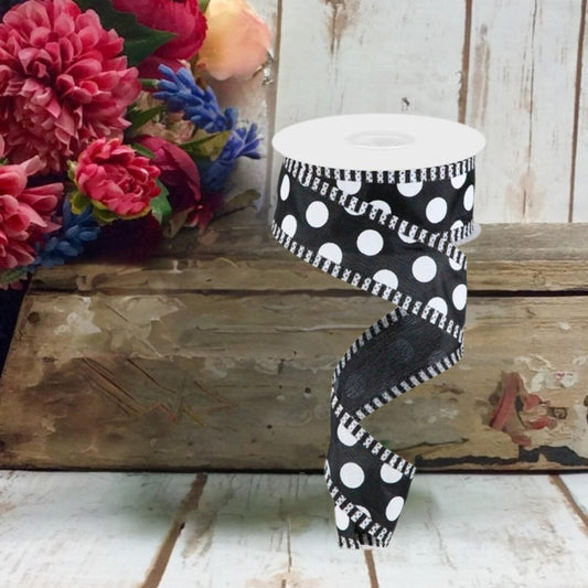 1.5" Large Polka Dot Stripe Ribbon: Black (10 Yards)