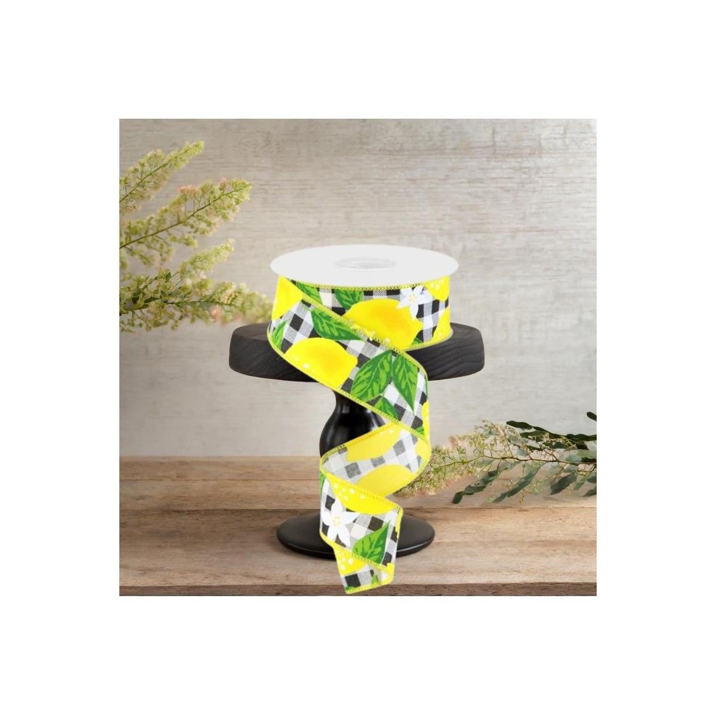 1.5"  Lemon Check on Royal Ribbon: Black & White (10 Yards)