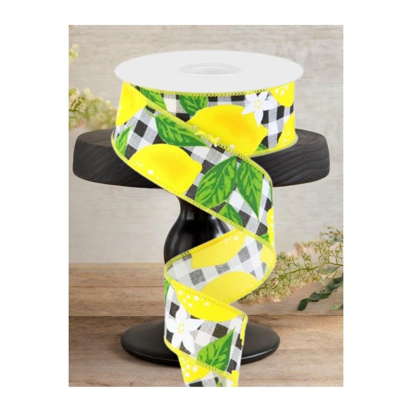 1.5"  Lemon Check on Royal Ribbon: Black & White (10 Yards)