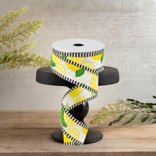1.5" Lemon with Leaves Thin Stripes Ribbon: Cream (10 Yards)