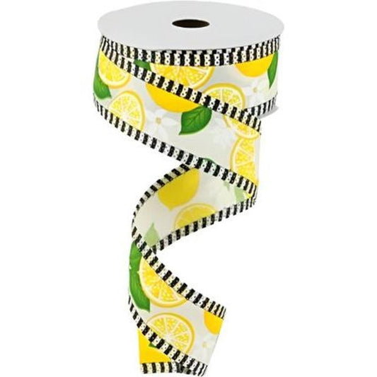 1.5" Lemon with Leaves Thin Stripes Ribbon: Cream (10 Yards)