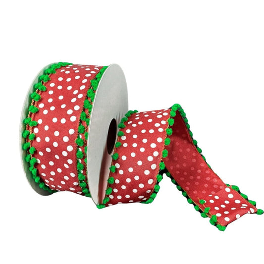 1.5" Linen Dots Pom Pom Ribbon: Red/Green (10 Yards)